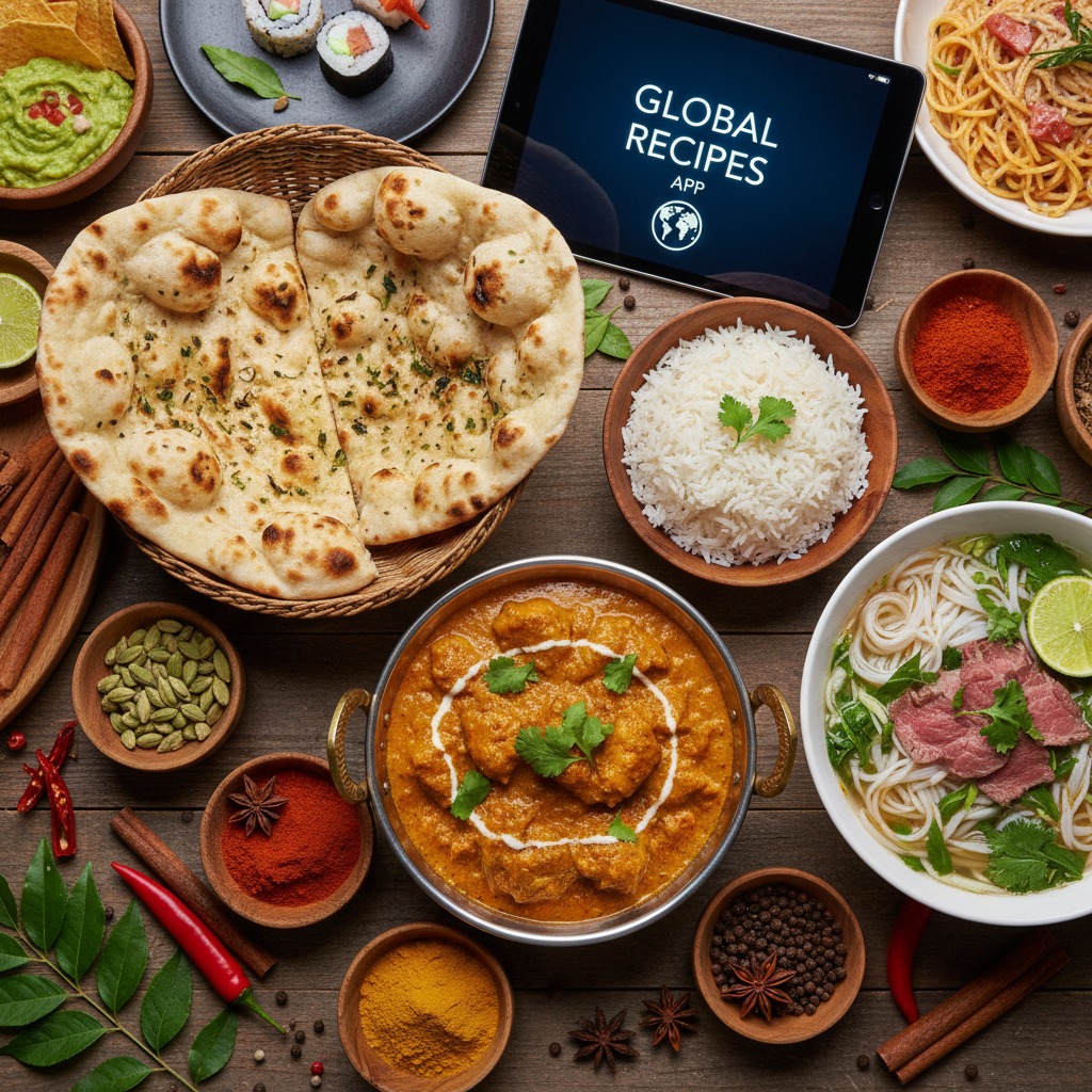A tablet displaying the Global Recipes app is surrounded by a variety of international dishes and spices on a wooden table.