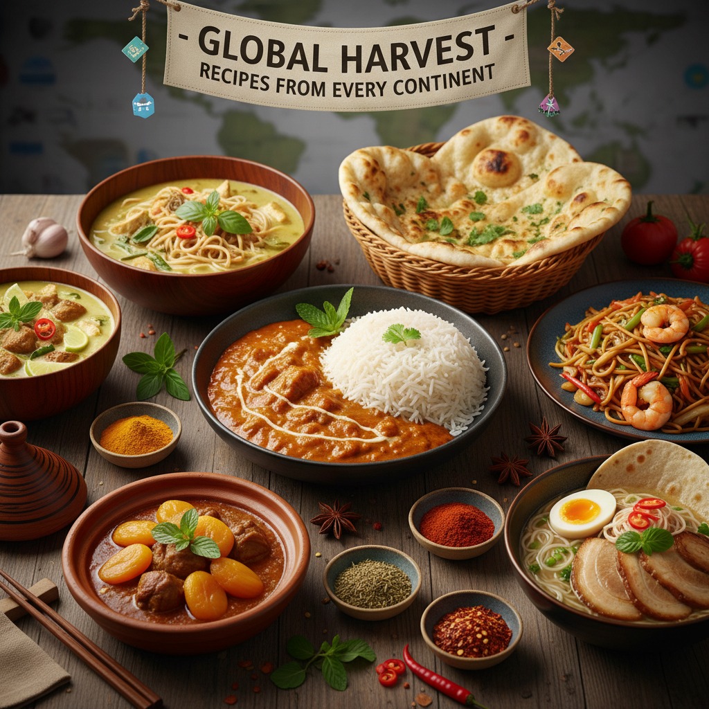 A wooden table is filled with a variety of international dishes, including curry, noodles, and naan bread, under a banner that reads "Global Harvest: Recipes From Every Continent."