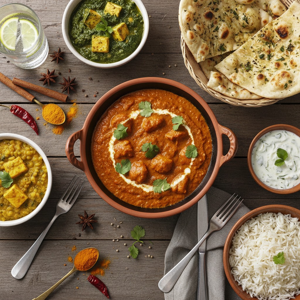 A variety of Indian dishes including butter chicken, palak paneer, dal, rice, and naan are arranged on a rustic wooden table with scattered spices.