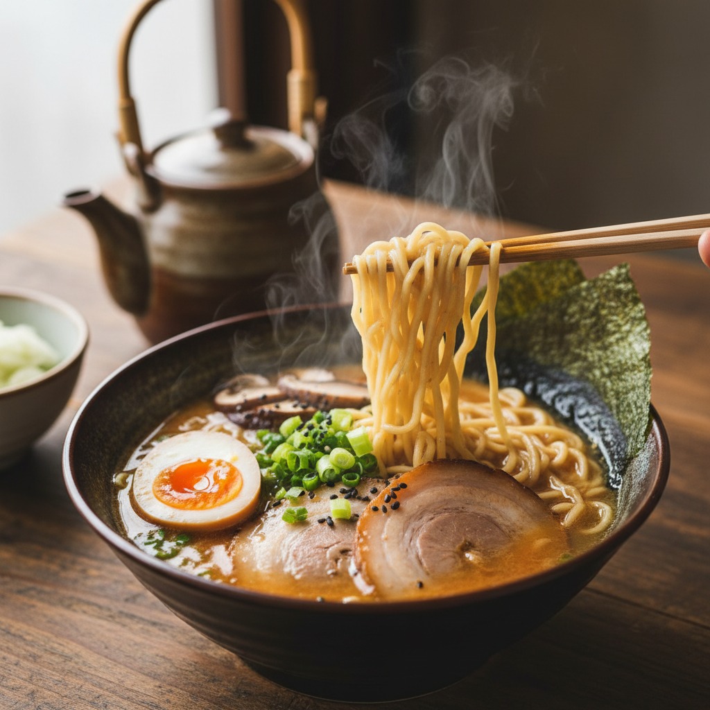 Chopsticks lift steaming noodles from a bowl of ramen topped with pork, a soft-boiled egg, and green onions.
