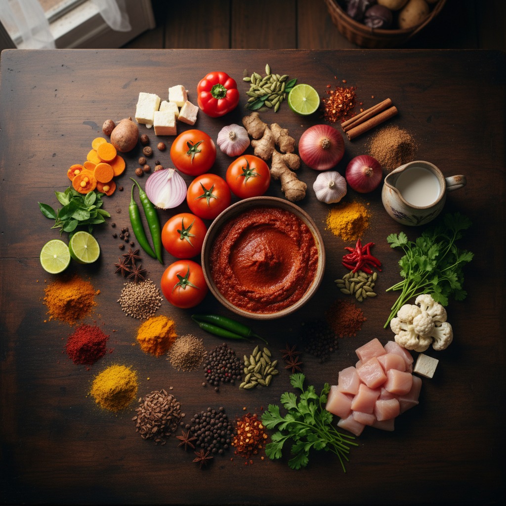 A bowl of red curry paste sits in the center of a wooden table surrounded by fresh ingredients including tomatoes, chicken, spices, herbs, and vegetables.