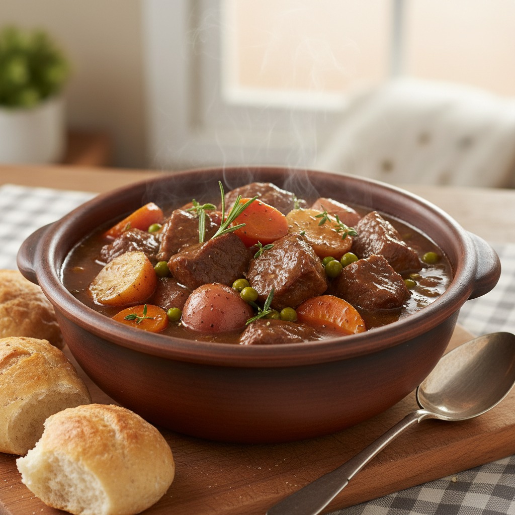 A steaming bowl of beef stew with potatoes, carrots, and peas sits on a wooden board next to a spoon and dinner rolls.