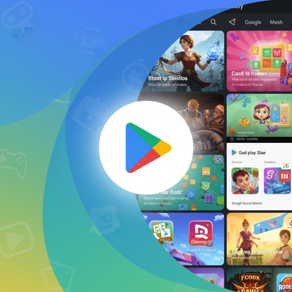 A colorful Google Play store logo is overlaid on a blurred background displaying various app thumbnails and an abstract blue and green design.