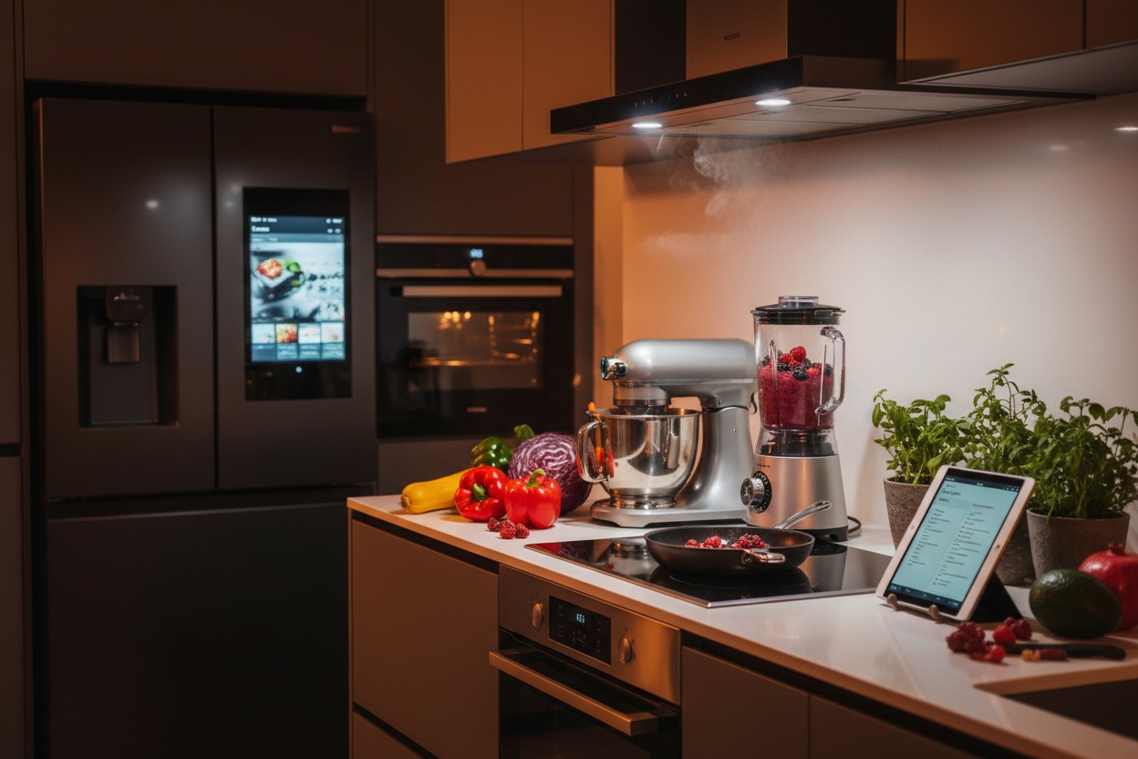 A modern kitchen counter features a stand mixer, a blender filled with berries, a frying pan on the stovetop, and a tablet displaying a recipe.